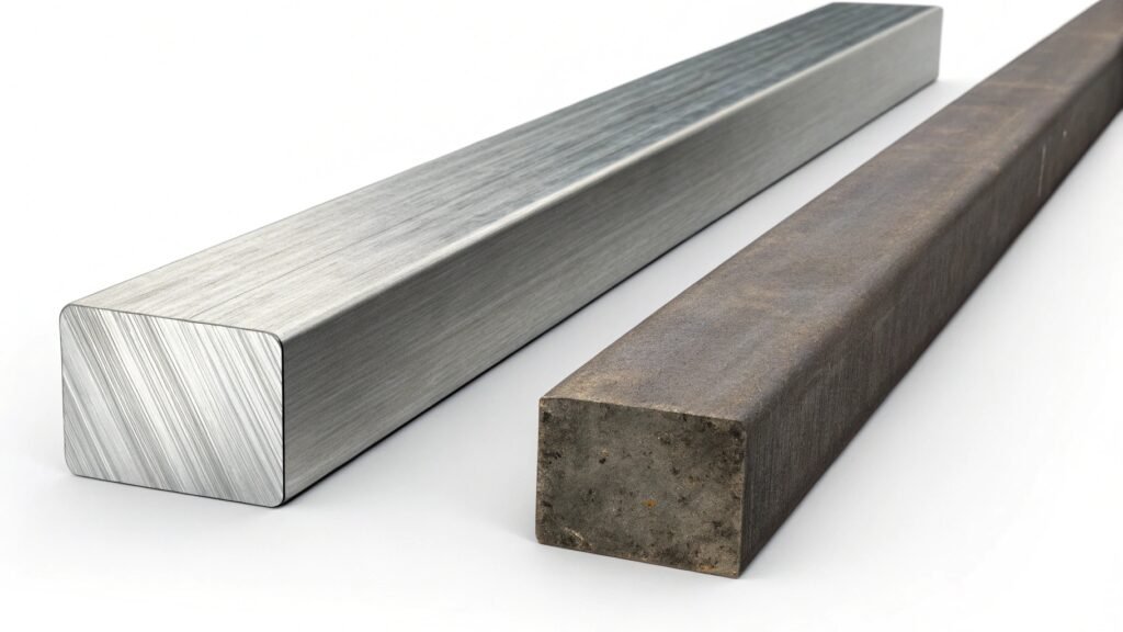 alt text: Graphic comparing weight and strength bars for aluminum vs steel